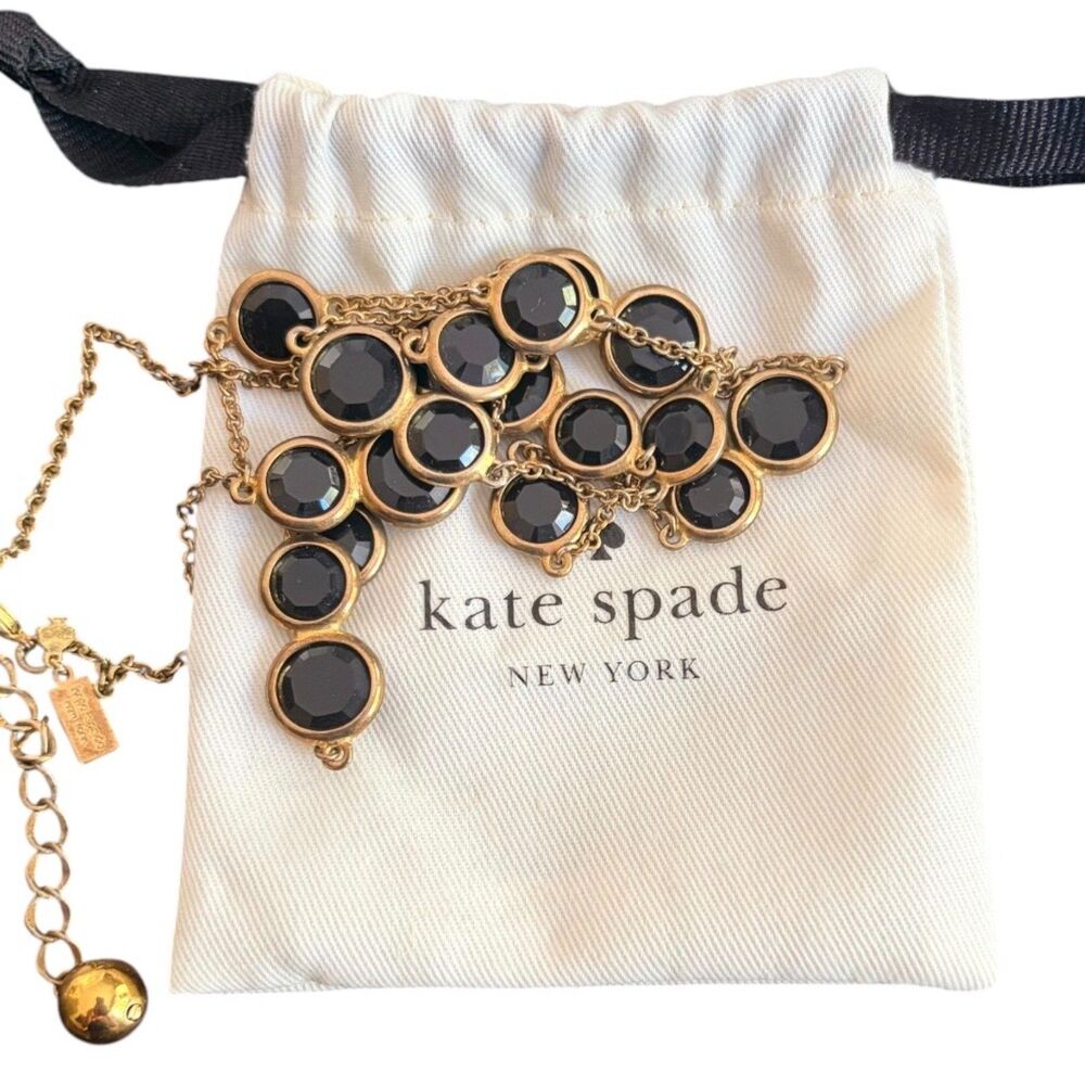 Kate Spade Crystal Confetti Long Station Necklace Bezel Black Stone Gold Tone